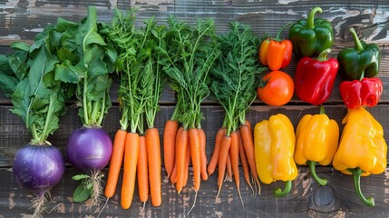 Fresh organic vegetables on wooden table. Carrots, peppers and turnips.