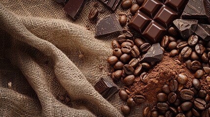 Coffee beans and pieces of dark chocolate bar on sackcloth.