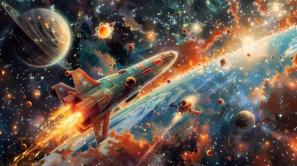 An imaginative drawing of children exploring outer space in a rocket ship, discovering new planets and stars