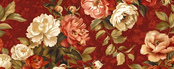 Rich flowers vintage dark red background, featuring an array of flowers in full bloom, including roses, peonies, lilies, daisies, leaves and foliage, classic floral pattern elegance and romance. 