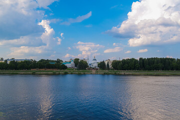 Tver cityscape on Volga river with bridges in summer, Russia