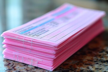 A stack of pink business cards neatly arranged on a counter surface