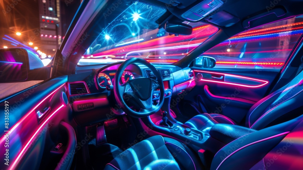 Leinwandbilder a car interior illuminated with colorful led lights synchronized with the beat of music, creating a 