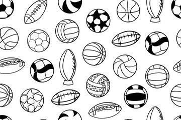 Seamless pattern of soccer ball, volleyball, basketball, american football. Sports equipment. Game. Collection of design elements. Great for banners, sites, posters. Vector illustration. Hand drawn