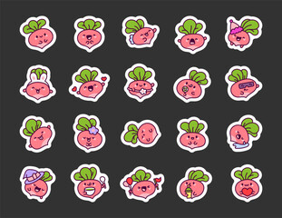 Kawaii radishes character. Sticker Bookmark. Cute vegetable. Funny cartoon. Hand drawn style. Vector drawing. Collection of design elements.