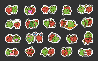 Couple funny apple friends. Sticker Bookmark. Cute cartoon food. Hand drawn style. Vector drawing. Collection of design elements.