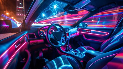 A car interior illuminated with colorful LED lights synchronized with the beat of music, creating a...