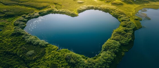 A heartshaped lake in an untouched natural setting, representing conservation and the beauty of the earth