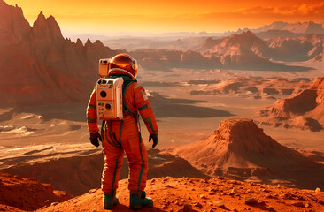 A solitary astronaut stands atop Mars’ rugged terrain, overlooking the vast rocky mountains of the red planet. Perfect for space exploration and science fiction themes.