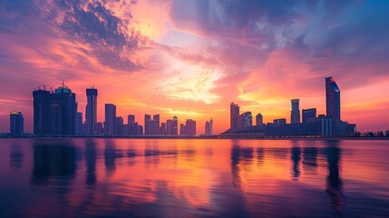abu dhabi skyline silhouetted against vibrant sunset sky panoramic cityscape architectural photography