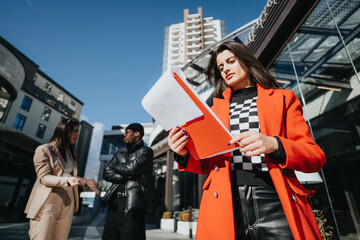 Young businesswoman reviewing documents on clipboard while her colleagues are engaged in a...