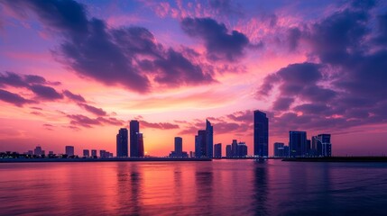 Obraz premium abu dhabi skyline silhouetted against vibrant sunset sky panoramic cityscape architectural photography