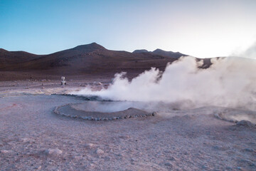 Steaming geysers in Bolivia near Uyuni and Laguna Colorado - Sunset