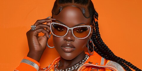 a gorgeous black woman in front of an orange background - obrazy, fototapety, plakaty