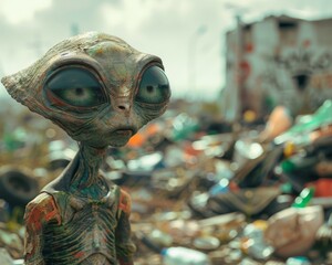 An alien stands in a junkyard, looking at the camera with a mixture of curiosity and sadness. - obrazy, fototapety, plakaty