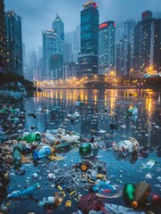 City lights shimmer in the distance, casting a glow on the polluted river below. - obrazy, fototapety, plakaty