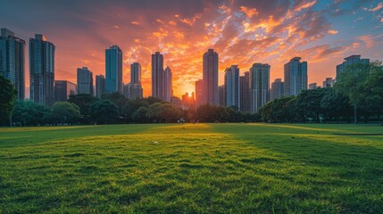 City park with lush green field and stunning skyline at sunset. - obrazy, fototapety, plakaty