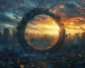 The image shows a large, glowing ring hovering over a ruined city - obrazy, fototapety, plakaty