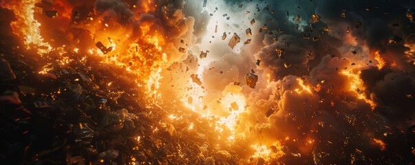 The image shows a massive explosion with fire and debris. - obrazy, fototapety, plakaty