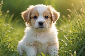 Fluffy White Pup Enjoys Tranquil Moments in Lush Grass