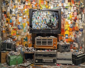 The image shows a room filled with electronic waste - obrazy, fototapety, plakaty