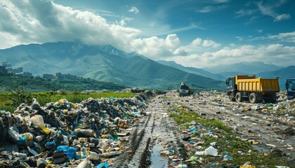The photo shows a large garbage dump in a valley. It is a serious environmental problem. - obrazy, fototapety, plakaty