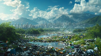 The image shows a polluted city with a lot of garbage and trash on the ground - obrazy, fototapety, plakaty