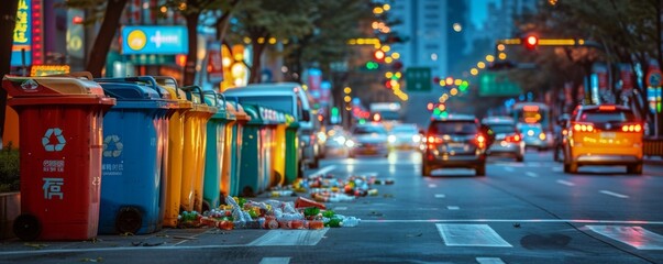 The photo shows a messy street with a lot of trash on the ground and overflowing trash bins - obrazy, fototapety, plakaty