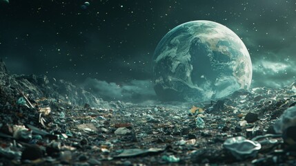 The image shows a post-apocalyptic landscape with a large moon in the background - obrazy, fototapety, plakaty