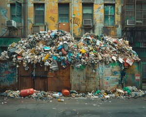 The photo shows a huge pile of garbage in front of a building - obrazy, fototapety, plakaty