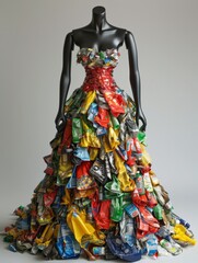 The photo shows a mannequin wearing a dress made of colorful plastic bags. The dress is designed to raise awareness about the issue of plastic pollution. - obrazy, fototapety, plakaty