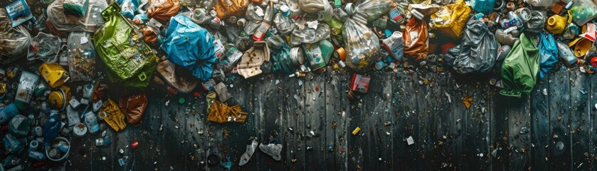 The image shows a pile of plastic waste, including bottles, bags, and other items. The waste is colorful and bright, and it is clear that it has been discarded. - obrazy, fototapety, plakaty