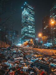 The picture shows the consequences after a natural disaster. The city is in ruins, there is garbage everywhere, and the buildings are destroyed. - obrazy, fototapety, plakaty