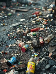 The photo shows a polluted river with plastic bottles, bags, and other trash floating in the water - obrazy, fototapety, plakaty
