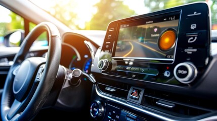 A close-up of a high-quality car stereo head unit with touchscreen display, showcasing modern automotive entertainment technology.