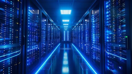 A long blue hallway with many computer servers