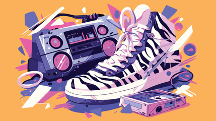 Pair of zebra sneakers and audio tape recorder boom