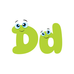 Green funny Uppercase and Lowercase letter D with cute eyes, cheerful, playful and surprised on white background. Funny kids letter with eyes.