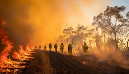 Obraz premium Group of firefighters battling a fierce bushfire in a rural area at sunset