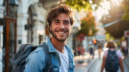 Joven con mochila en la calle