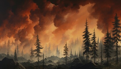 Forested landscape shrouded in smoke under an ominous orange sky - obrazy, fototapety, plakaty