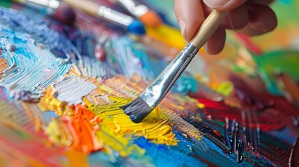 Obraz premium artists hand holding paintbrush and applying colorful paint on canvas art therapy