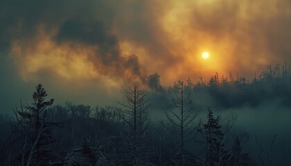 Misty winter sunrise over a serene, snow-covered pine forest - obrazy, fototapety, plakaty