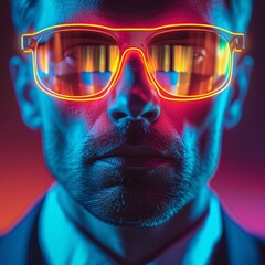 Futuristic Portrait of Man with Neon Light Glasses in Red and Blue
 - obrazy, fototapety, plakaty