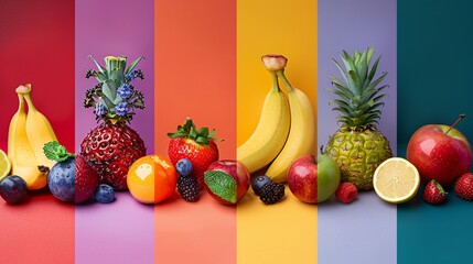 Vibrant Collection of Fruits on Colorful Segmented Background
 - obrazy, fototapety, plakaty