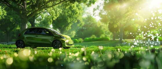 An ecofriendly electric car parked in a verdant setting, merging clean technology with environmental awareness