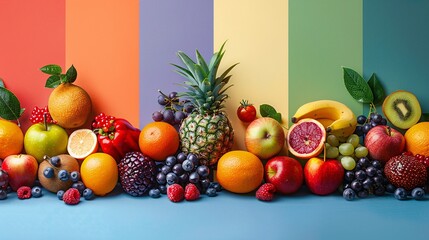 Colorful Assortment of Fresh Fruits on Rainbow Gradient Background
 - obrazy, fototapety, plakaty