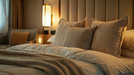 Experience Ultimate Relaxation In A Luxury Bedroom Suite In A Resort High-Rise Hotel, Complete With Plush Cushions And Elegant Decor