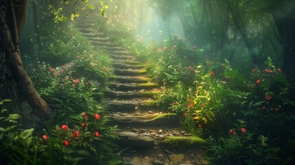 beautiful fantasy landscape of enchanted forest path magical and mysterious atmosphere digital illustration