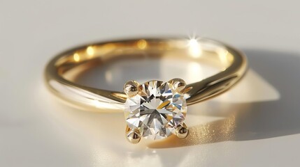 beautiful gold engagement ring with sparkling diamond cut out on white background